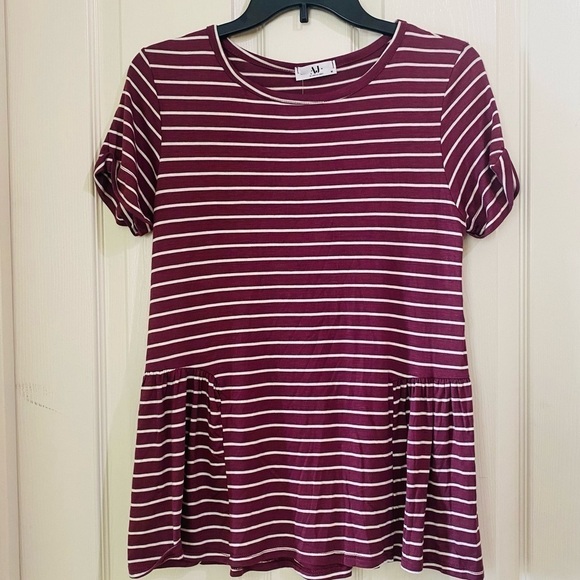 Amelia James New Size M Peplum Blouse Top Burgundy White Stripe Super Soft USA - Picture 2 of 7